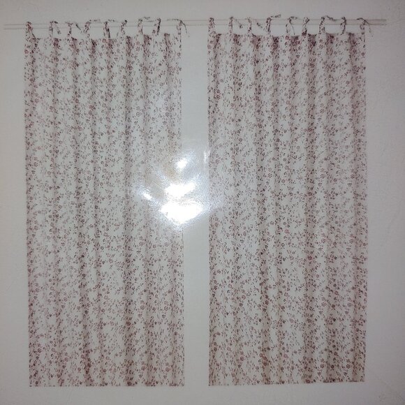 Pr IKEA Hassleklocka Red Floral Sheer Cotton Tie Top Curtain Panels - Picture 8 of 8